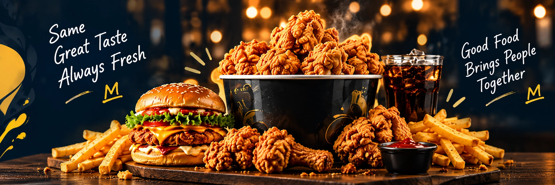 Chicken, burgers and fries ready for sharing